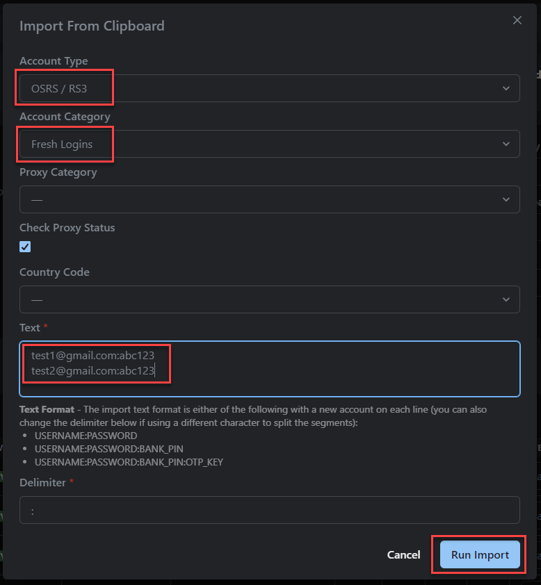 Import accounts modal