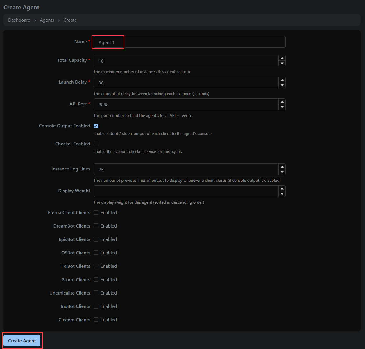 Create agent form