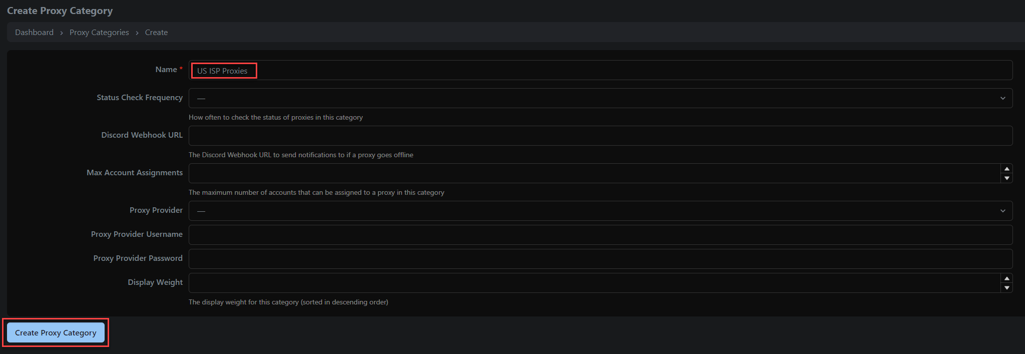 Create proxy category form